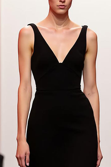 V-Neck A Line Black Evening Dress
